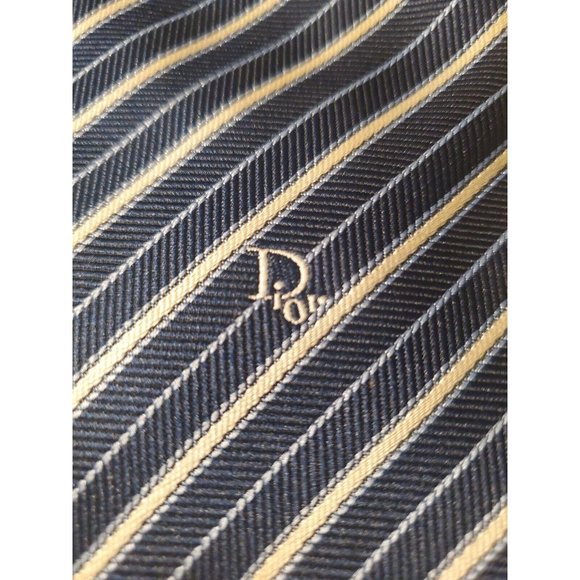 Christian Dior Vintage Navy Blue Stripe Polyester & Silk Blend Men’s Tie - Picture 6 of 7
